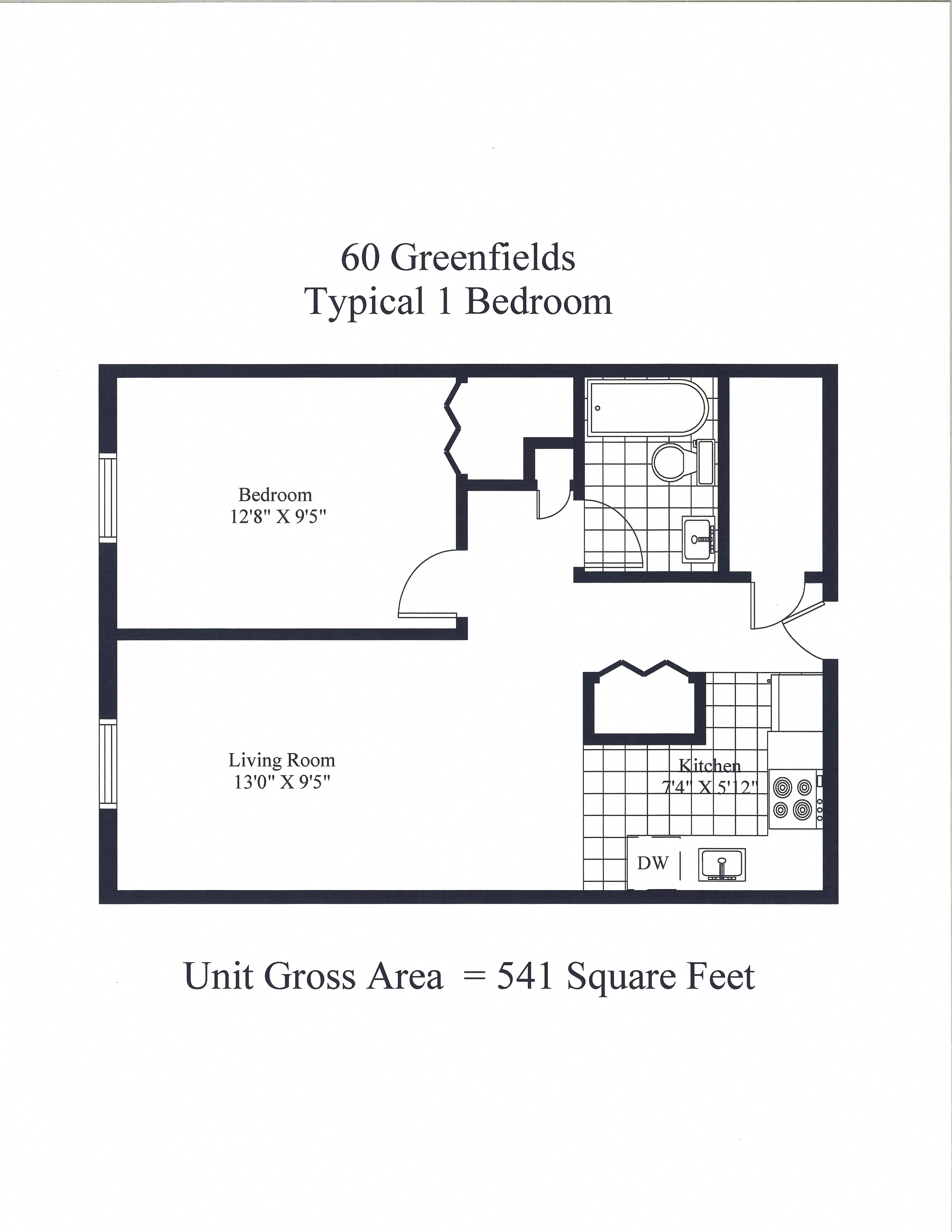 Floor plan for 1 bed, 1 bath, 541 sqft